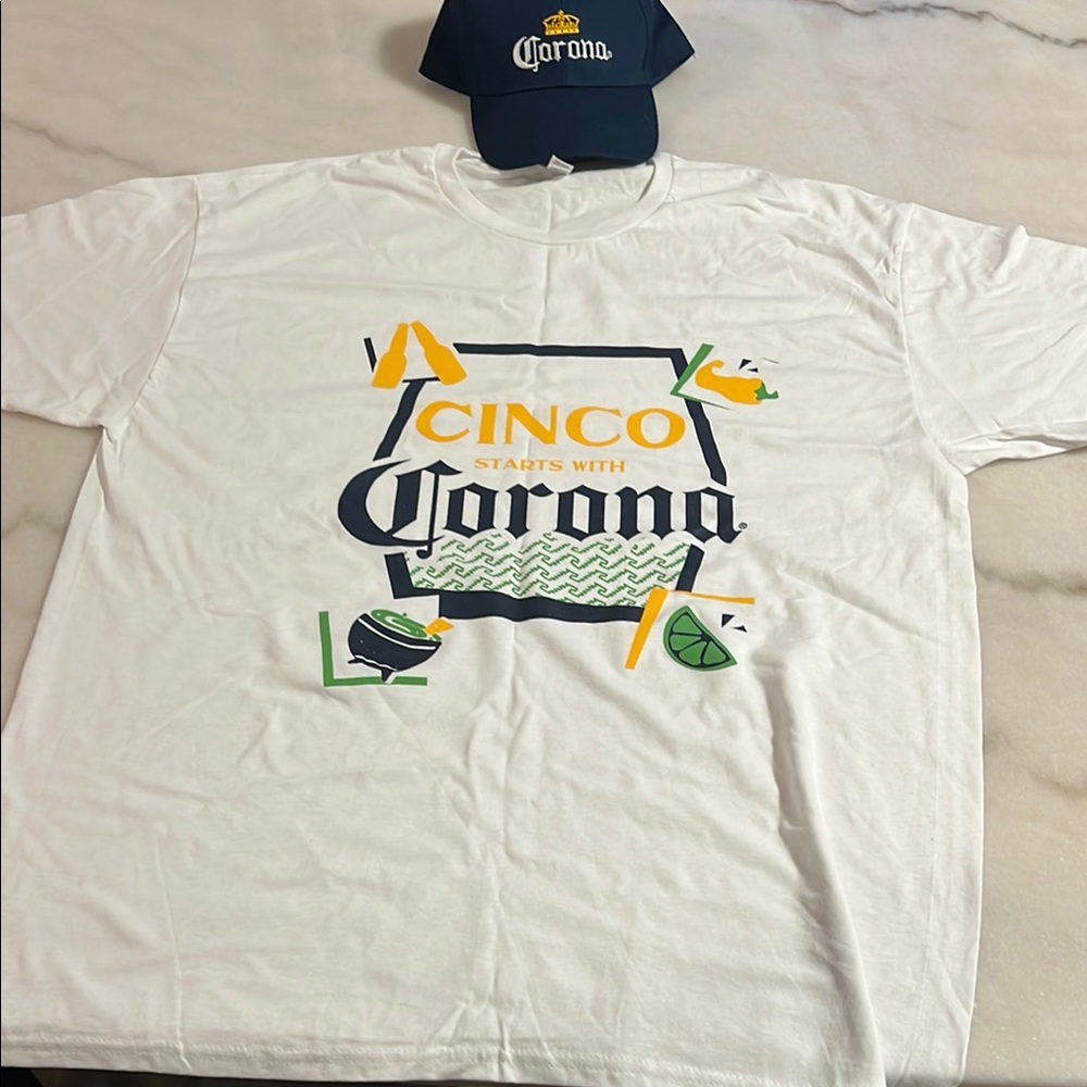 Corona White T-Shirt with Colorful Cinco Design with corona cap